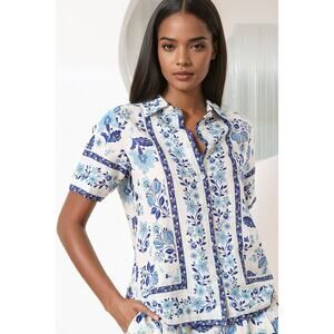 YUMI KIM Blue White Button Down Short Sleeve Carly Linen Top Size Medium